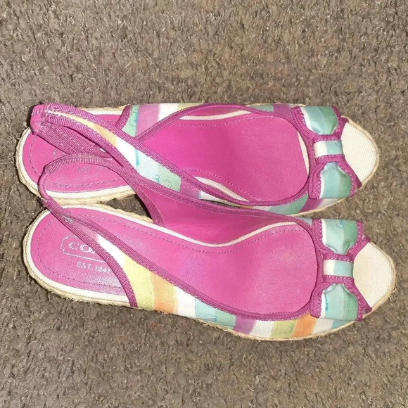 COACH-Grace-Pink Blue Rainbow Stripe Wedge Slingback-Straw Wedge-Sz 10-Near Mint - Picture 6 of 7